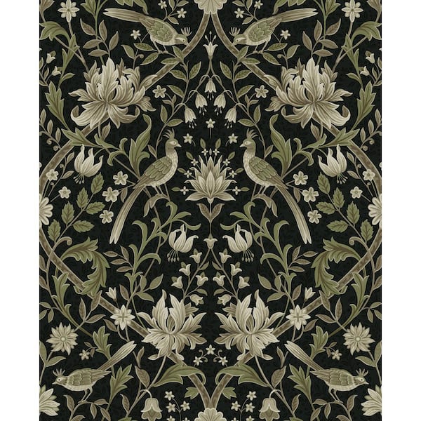 15.38 sq. ft. Rosemary and Ebony Vintage Bird Ogee Vinyl Peel and Stick Wallpaper Roll