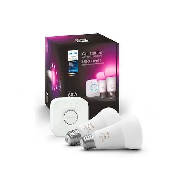 60-Watt Equivalent A19 Smart LED Color Changing Light Bulb Starter Kit (2 Bulbs and Bridge)