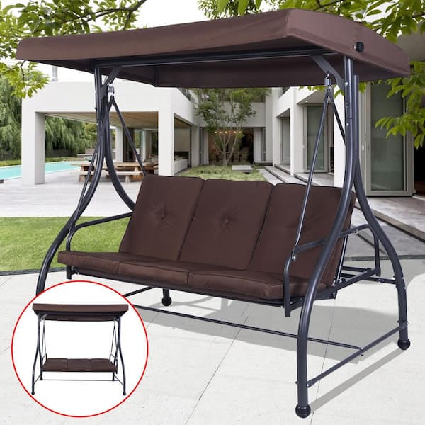 FORCLOVER 3 Seats Metal Patio Swing Hammock with Brown Cushions and Adjustable Tilt Canopy