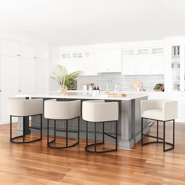LUE BONA Jessica 26 in.Beige Modern Counter Bar Stool Fabric Upholstered Barrel Counter Stool with Metal Frame Set of 4
