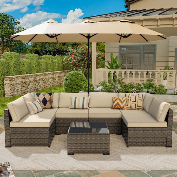 8-Piece Wicker Outdoor Sectional Set with Beige Cushion and 12 ft. Double-Sided Patio Umbrella