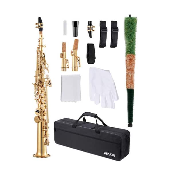 Straight Soprano Saxophone, B Flat, Brass Beginner Kit with Case, Mouthpiece, Cleaning Rod, Gloves, Neck Strap, 23 Keys