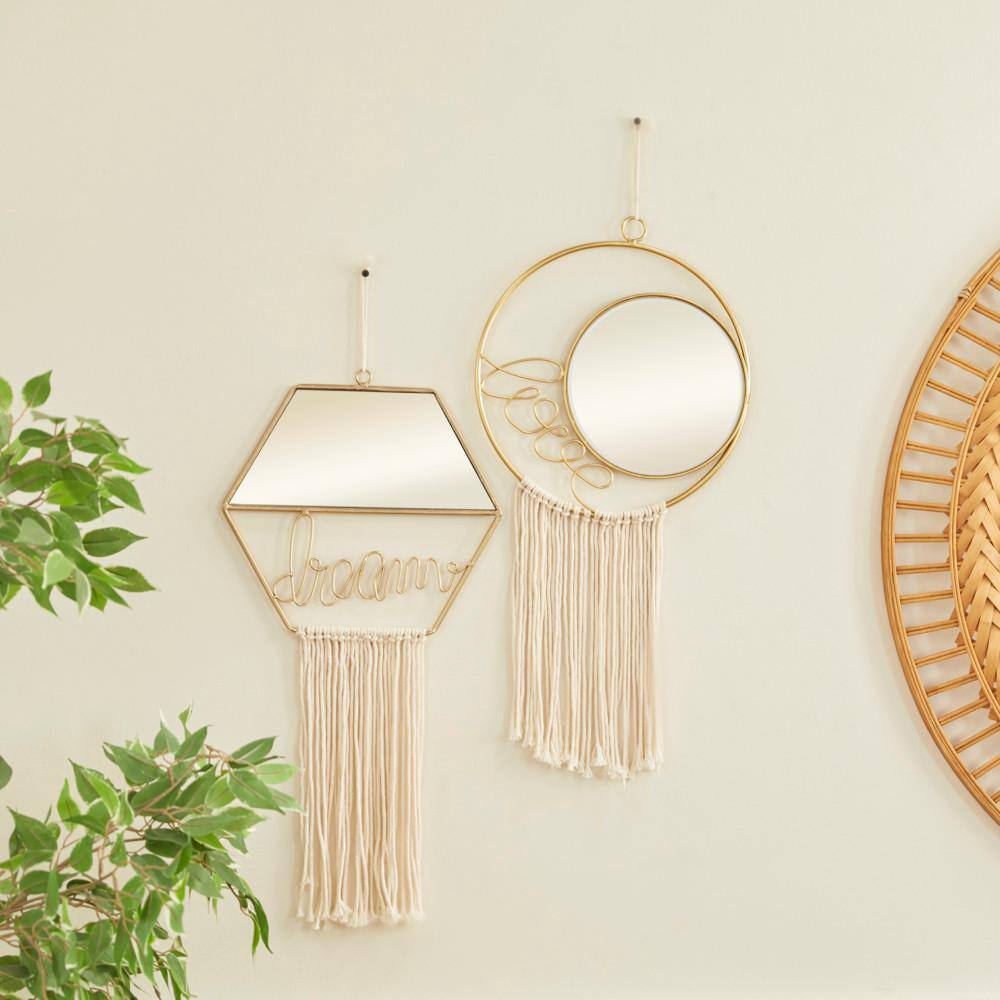 Gold Geometric Wall Mirrors with Fringe Tassels, Set of 2