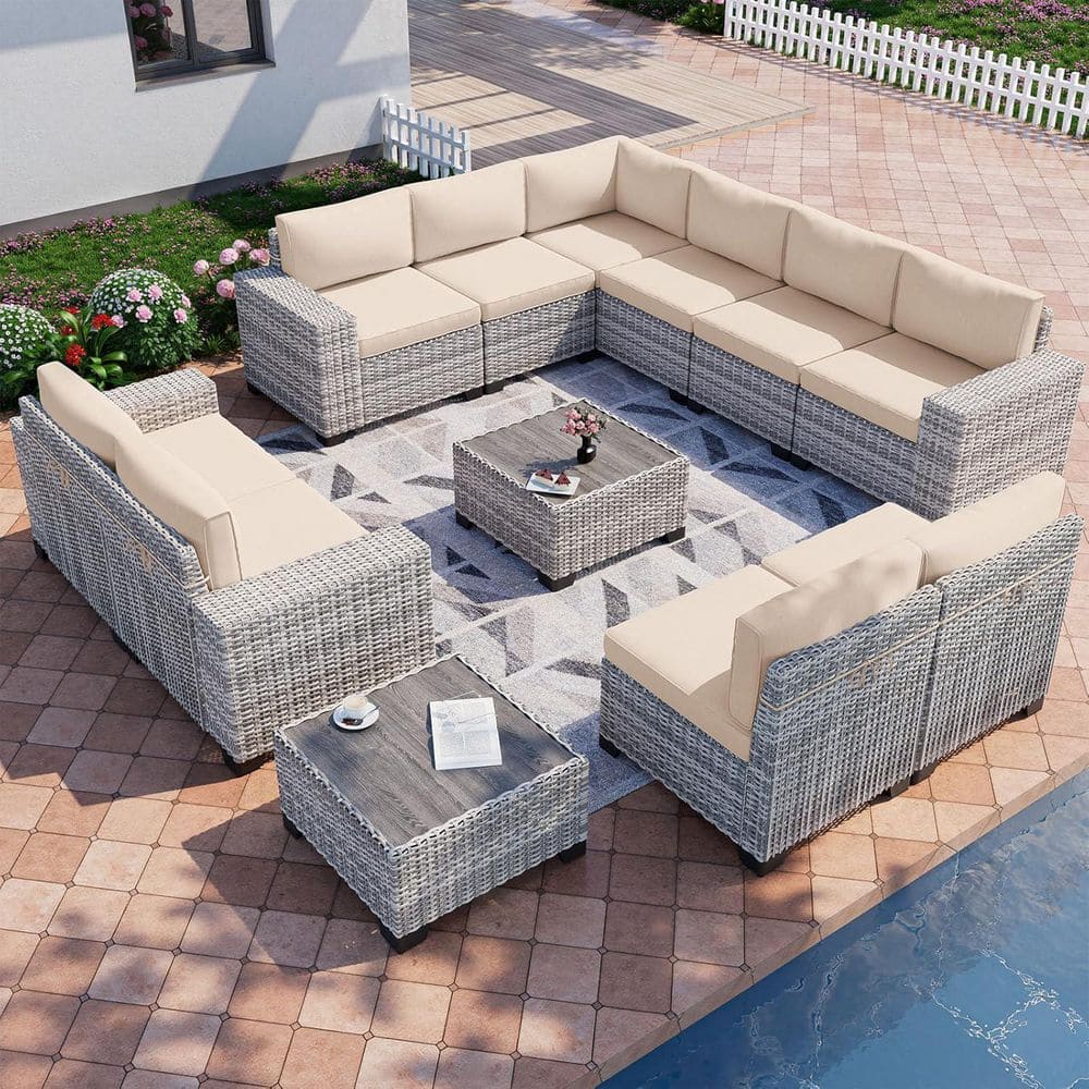 12-Piece Wicker Outdoor Sectional Set Sofa Couch with Beige Cushions price history on PriceWatchPro