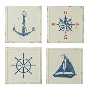 Metal Cream Speckled Sail Boat Wall Decor with Anchor, Compass, and Ship Wheel (Set of 4)