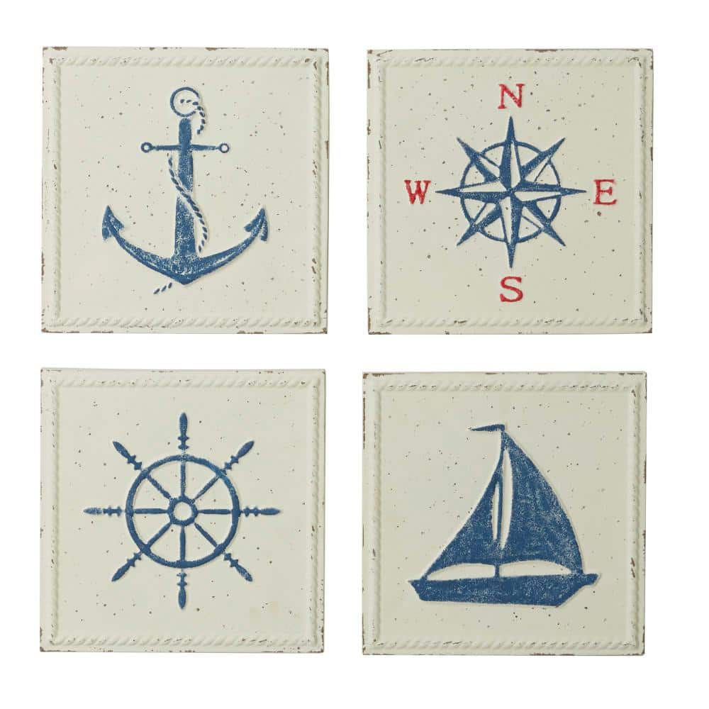 Cream Speckled Nautical Iron Wall Sculpture Set of Four
