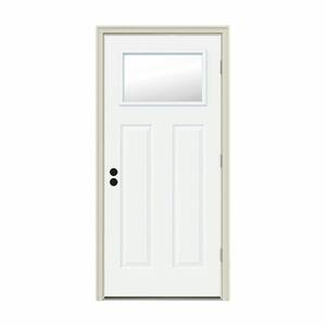 34 in. x 80 in. 1 Lite Craftsman White Painted Steel Prehung Left-Hand Outswing Front Door w/Brickmould