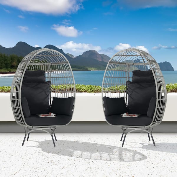 BFB 2 -Pieces Oversized Patio Gray Wicker Swivel Egg Chair, Indoor Outdoor Rattan Egg Chair