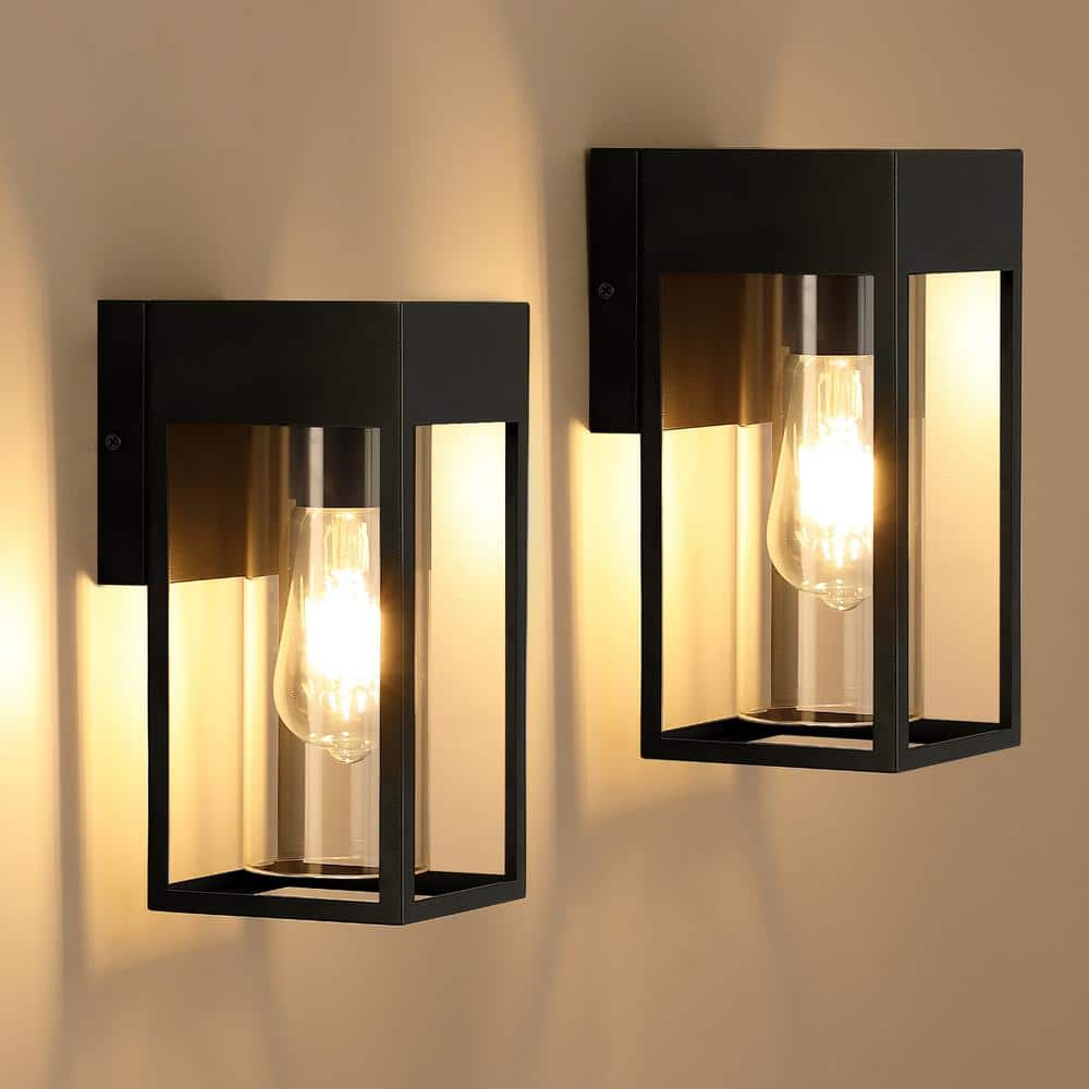 9-Inch Black Modern Outdoor Wall Lantern Sconce with Clear Glass, 2-Pack