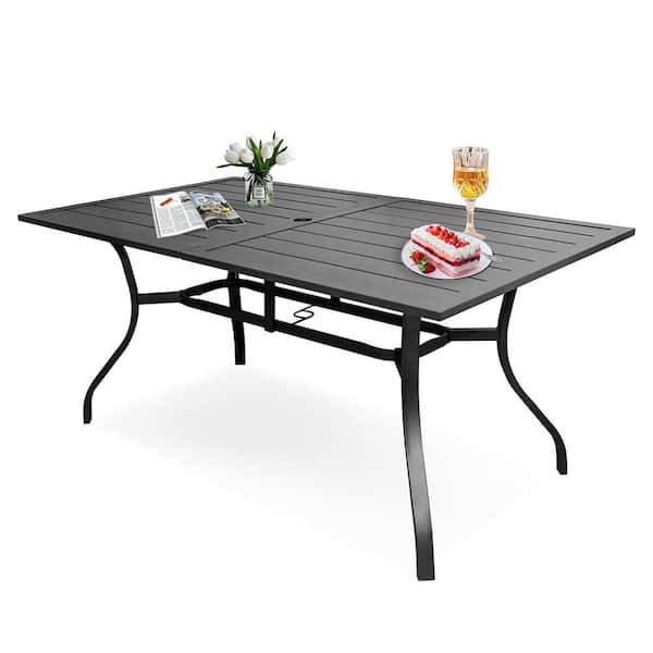 Black Rectangle Metal Outdoor Dining Table with 1.57-Umbrella Hole