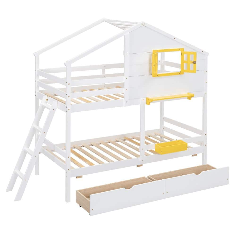 White Twin over Twin Bunk Bed with Playhouse Roof, Window, Shelf, 2 Drawers & Storage Box durable construction price history on PriceWatchPro