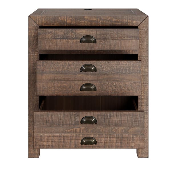 Rustic Brown 3 Drawers Solid Pine Wood Nightstand with Cup Pulls and Integrated Charge Station