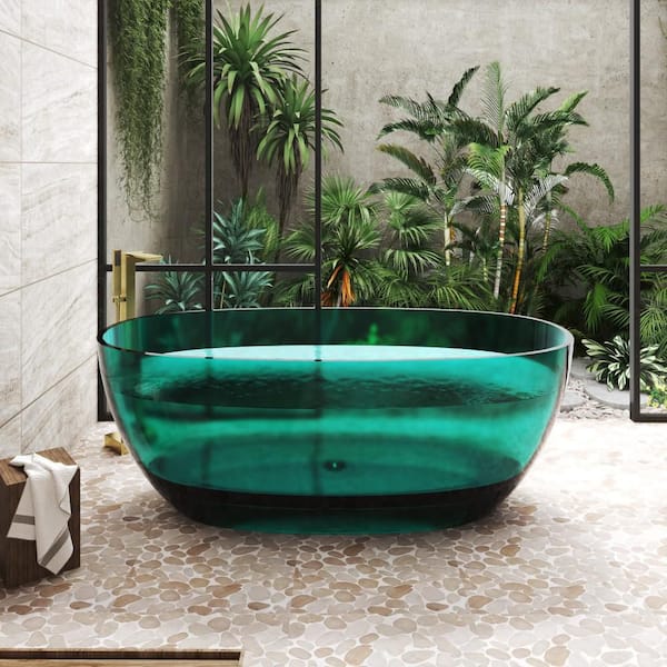 59 in. x 30 in. Freestanding Soaking Resin Bathtub with Center Drain in Transparent Green