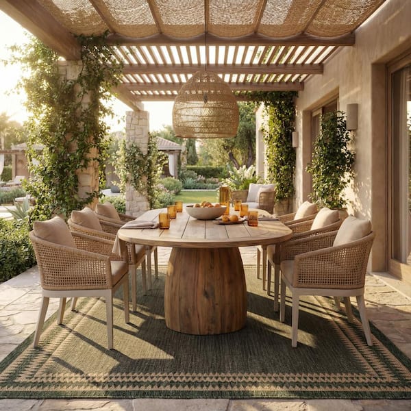 Mirelia Bordered Green 6.7 ft. x 9 ft. Outdoor Area Rug