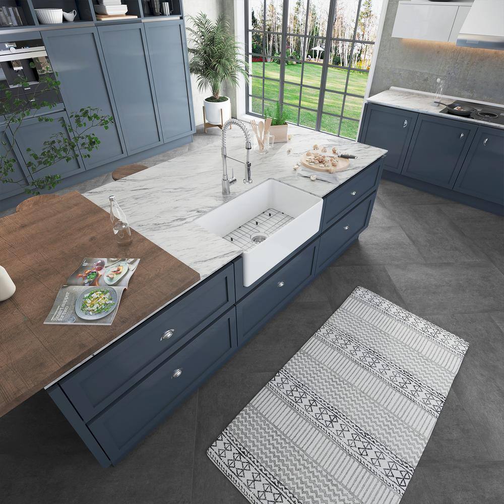 Sinber 30" White Fireclay Farmhouse Apron Kitchen Sink with Drainboard