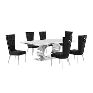 Ibraim 7-Piece Rectangle White Marble Top With Stainless Steel Base Dining Set With 6 Black Velvet Fabric Chairs