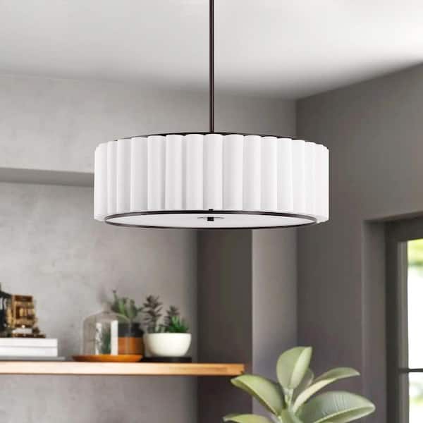 24 in. 5-Light Oil Rubbed Bronze Pleated Drum Chandelier with White Fabric Shade