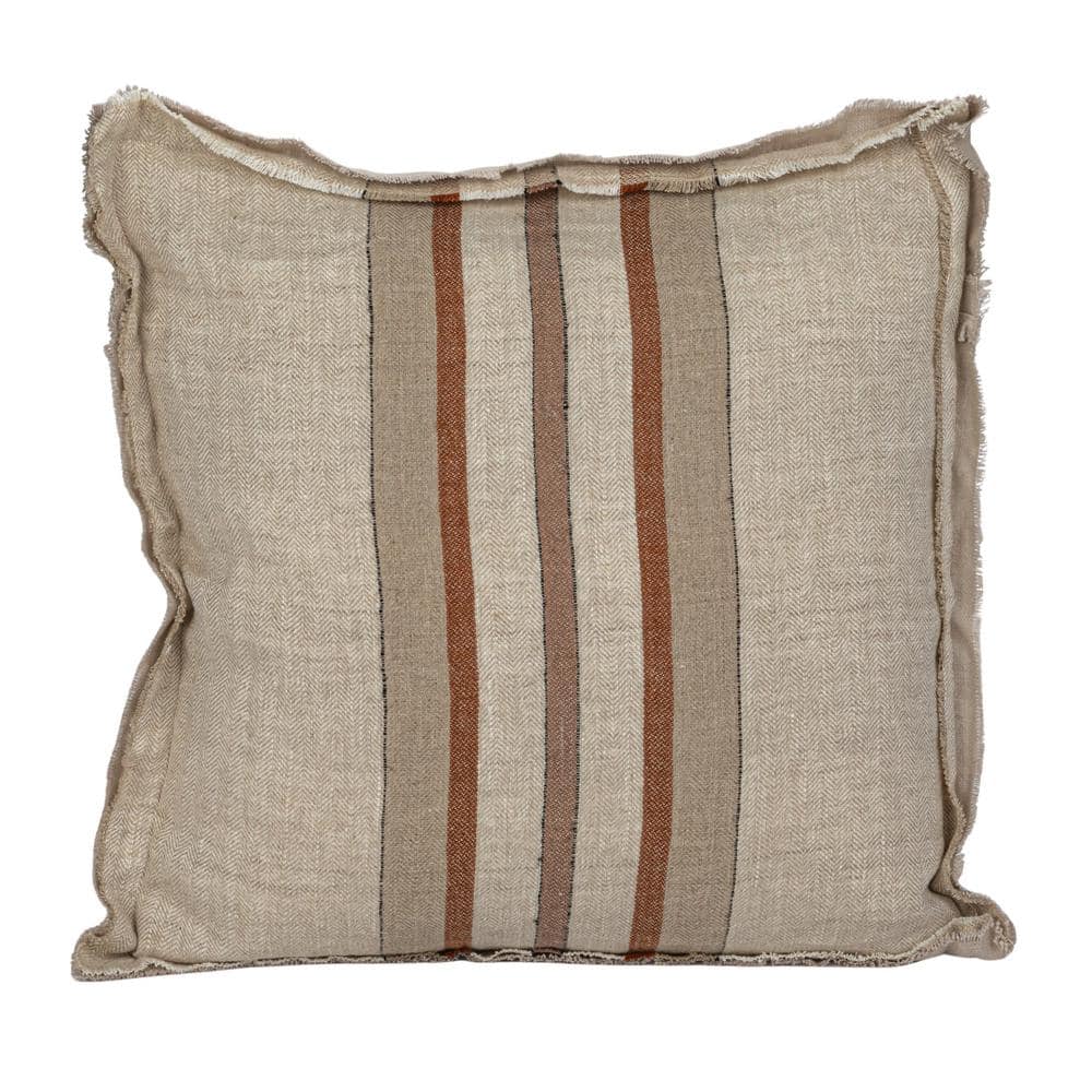 Tan and Brown Linen Striped Square Pillow with Fringe