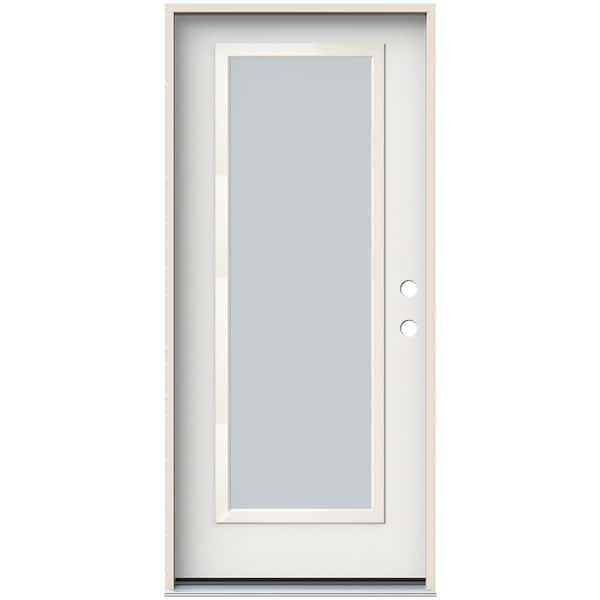 JELD-WEN 36 in. x 80 in. Left-Hand Full Lite Blanca Decorative Glass White Painted Fiberglass Prehung Front Door with Brickmould