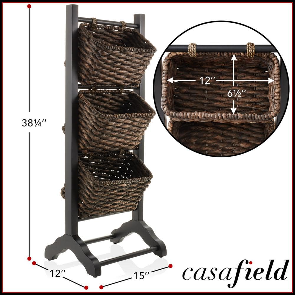 Acacia Wood 3-Tier Black and Espresso Storage Rack with Hyacinth Baskets
