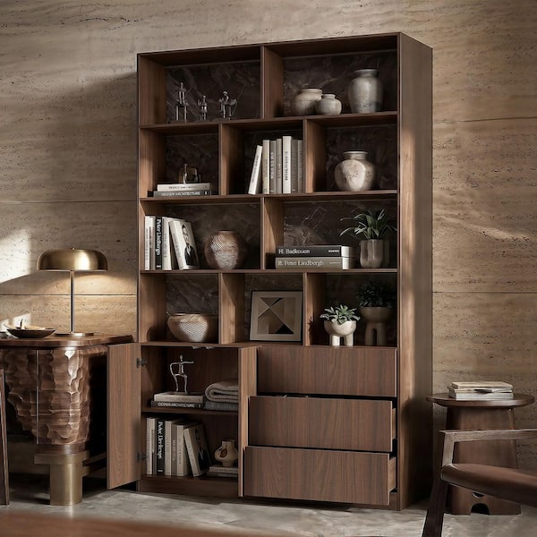 92.5 in. Tall Brown Wood 10-Shelf Standard Bookcase with China Cabinet, Accent Cabinet, Garage Cabinet, Food Pantry