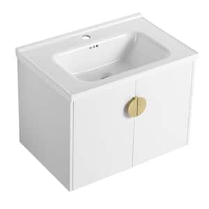 28 in. W Modern Elegant Floating Wall-Mounted Bathroom Vanity with White Basin and 2 doors in White