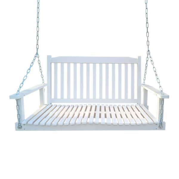 Unbranded Solid Wooden with Armrests, Wood Patio Swing with Hanging Chains, for Outdoor Patio, Garden Yard, White