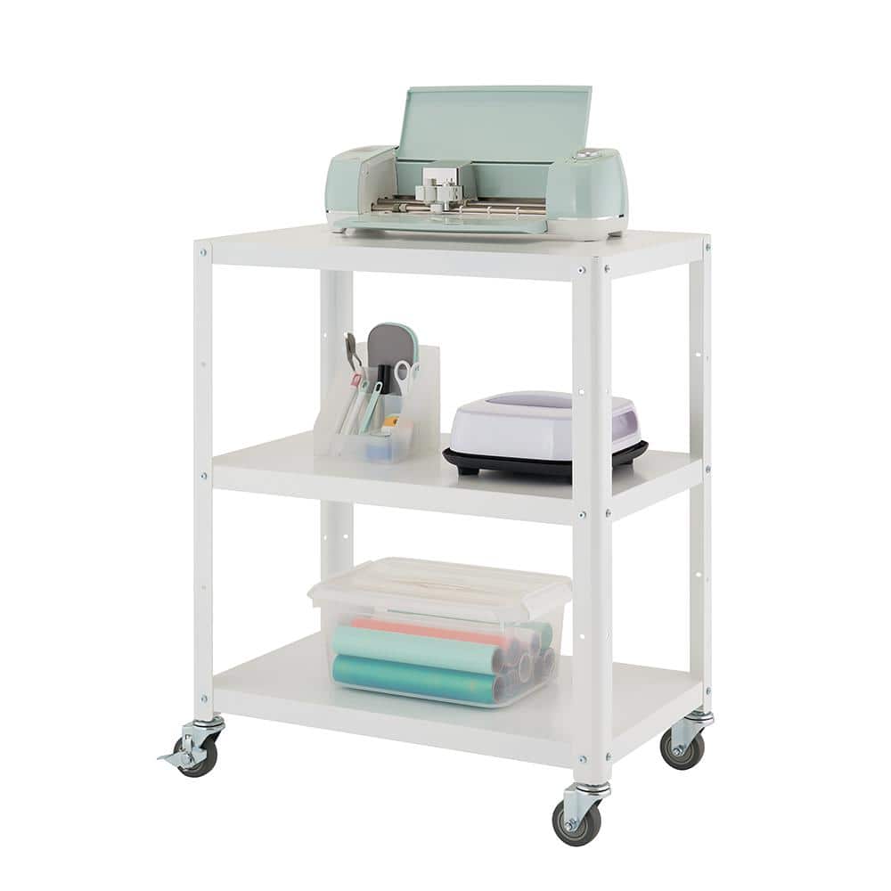 White Powder-Coated Metal Utility Cart with Adjustable Shelf