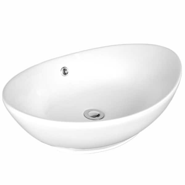 Eisen Home Sutherland Ceramic Oval Vessel Bathroom Sink with Overflow and Pop Up Drain in White