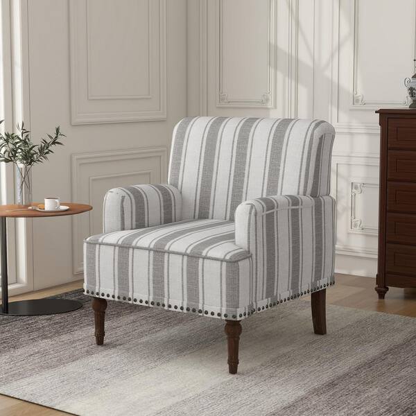 Modern Gray Striped Linen Fabric Upholstered Accent Armchair with Wooden Legs Set of 1
