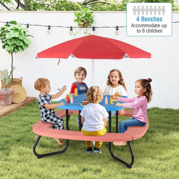 1-Piece Plastics Top Kids Picnic Table Outdoor Activity Table with Adjustable and Collapsible Umbrella Blue