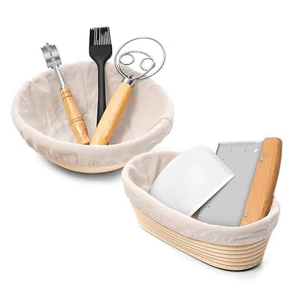 Bread Baking Supplies Kit w/ 9 in. Round & 10 in. Oval Proofing Baskets, Cloth Liner, Lame, Scraper, Brush, Dough Whisk