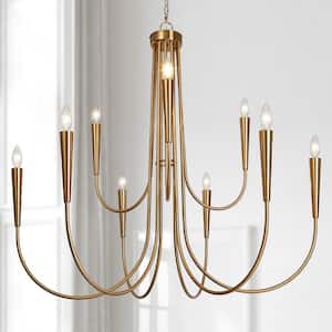 Classic 9-Light Plating Brass 2-Tier Candlestick Island Chandelier with Curvy Arms for Kitchen Dining Rooms