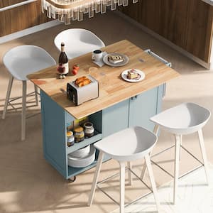 Gray Blue Wood 49 in. W Rolling Kitchen Island Cart with Foldable Counter Top, Slide-Out Shelf and 2-Doors