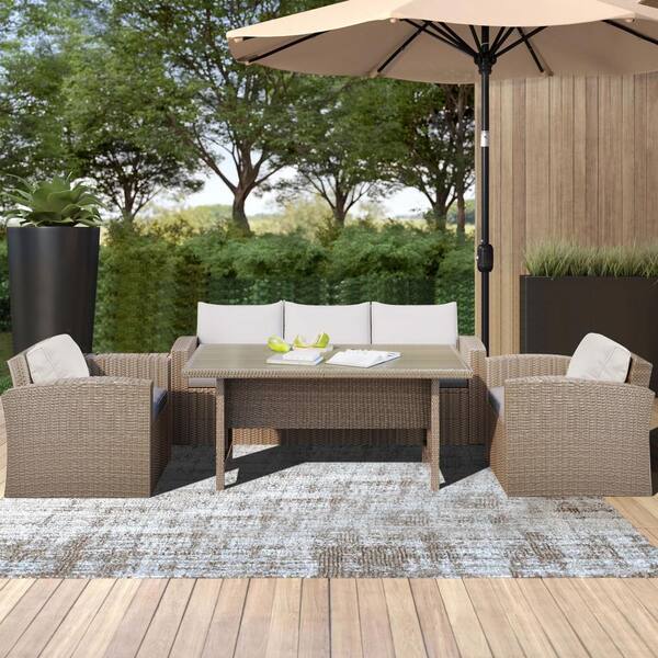 Tunearary Brown 4-Piece Wicker Outdoor Conversation Set with Beige ...