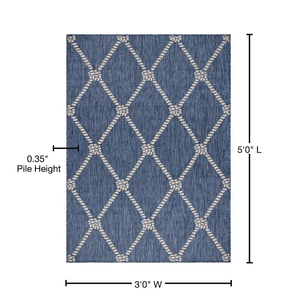 Coastal Charm Blue & White Geometric Flatweave Indoor-Outdoor Rug