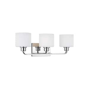 Canfield 23 in. 3-Light Chrome Minimalist Modern Wall Bathroom Vanity Light with Etched White Glass Shades