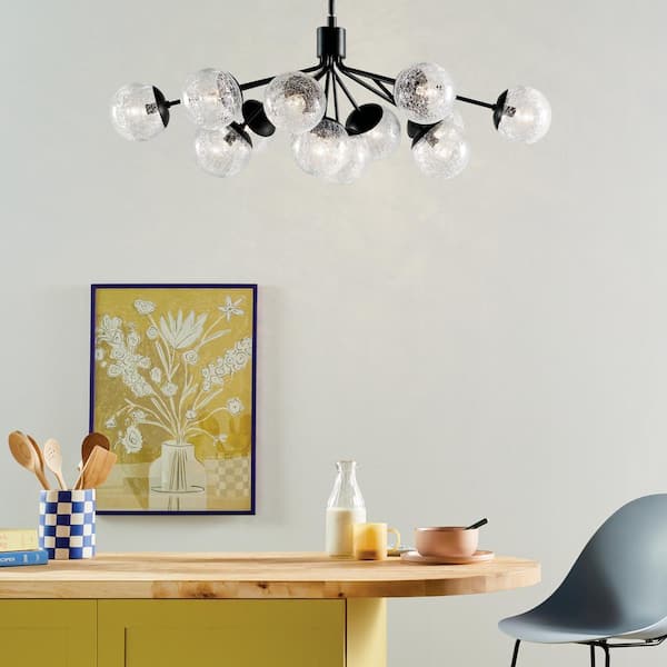 Silvarious 48 in. 12-Light Black Modern Crackle Glass Shaded Linear Convertible Chandelier for Dining Room