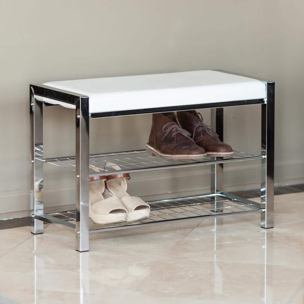 DANYA B White Leatherette with Chrome Frame Storage Entryway Bench