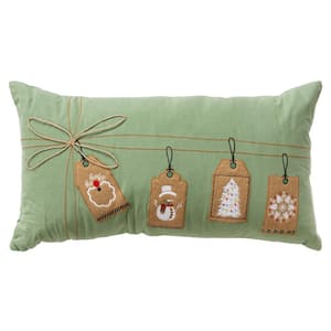 Holiday Green/Multi-Color Christmas Present Tags Cotton 26 in. x 14 in. Poly Filled Decorative Throw Pillow