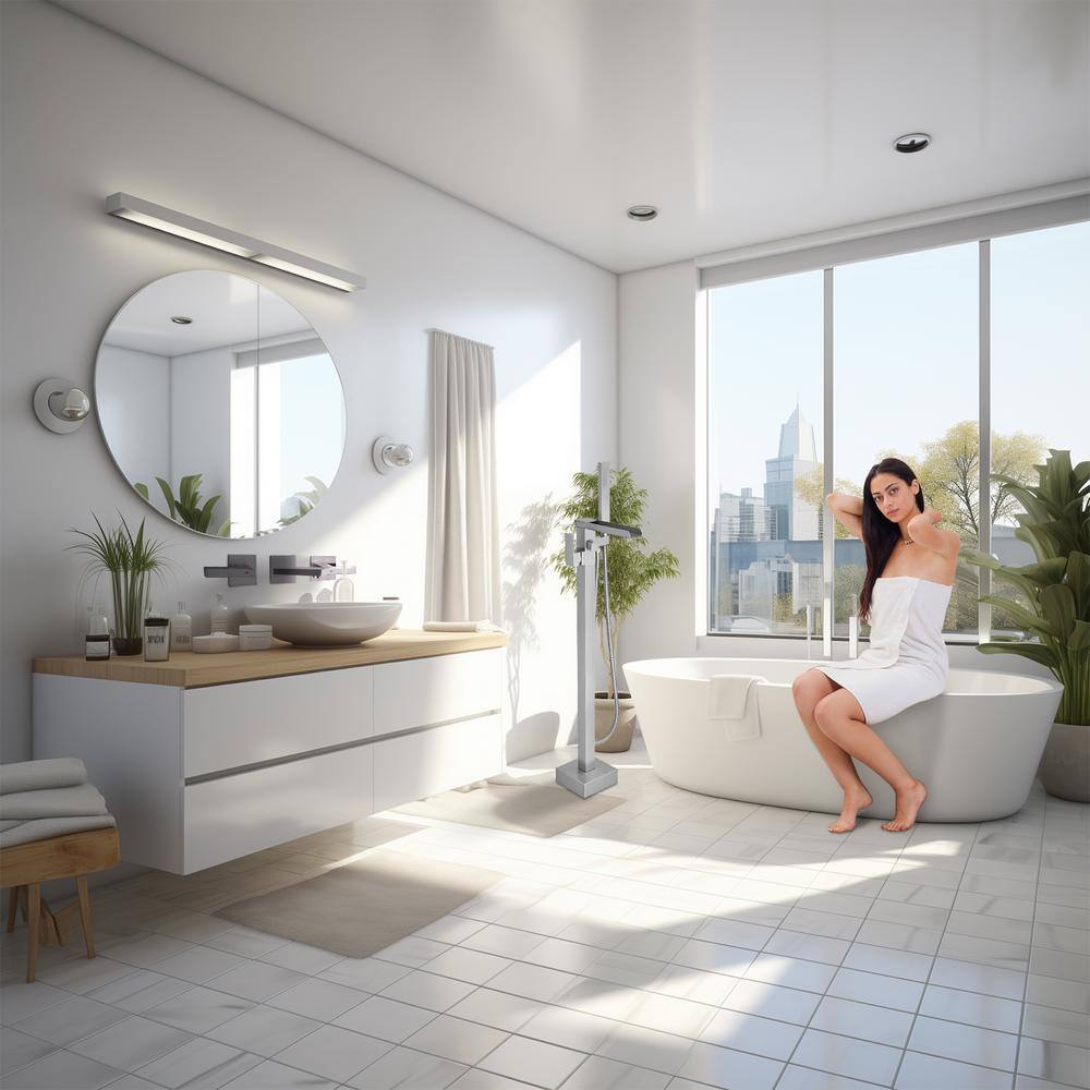 Brushed Nickel Freestanding Waterfall Tub Faucet with Hand Shower