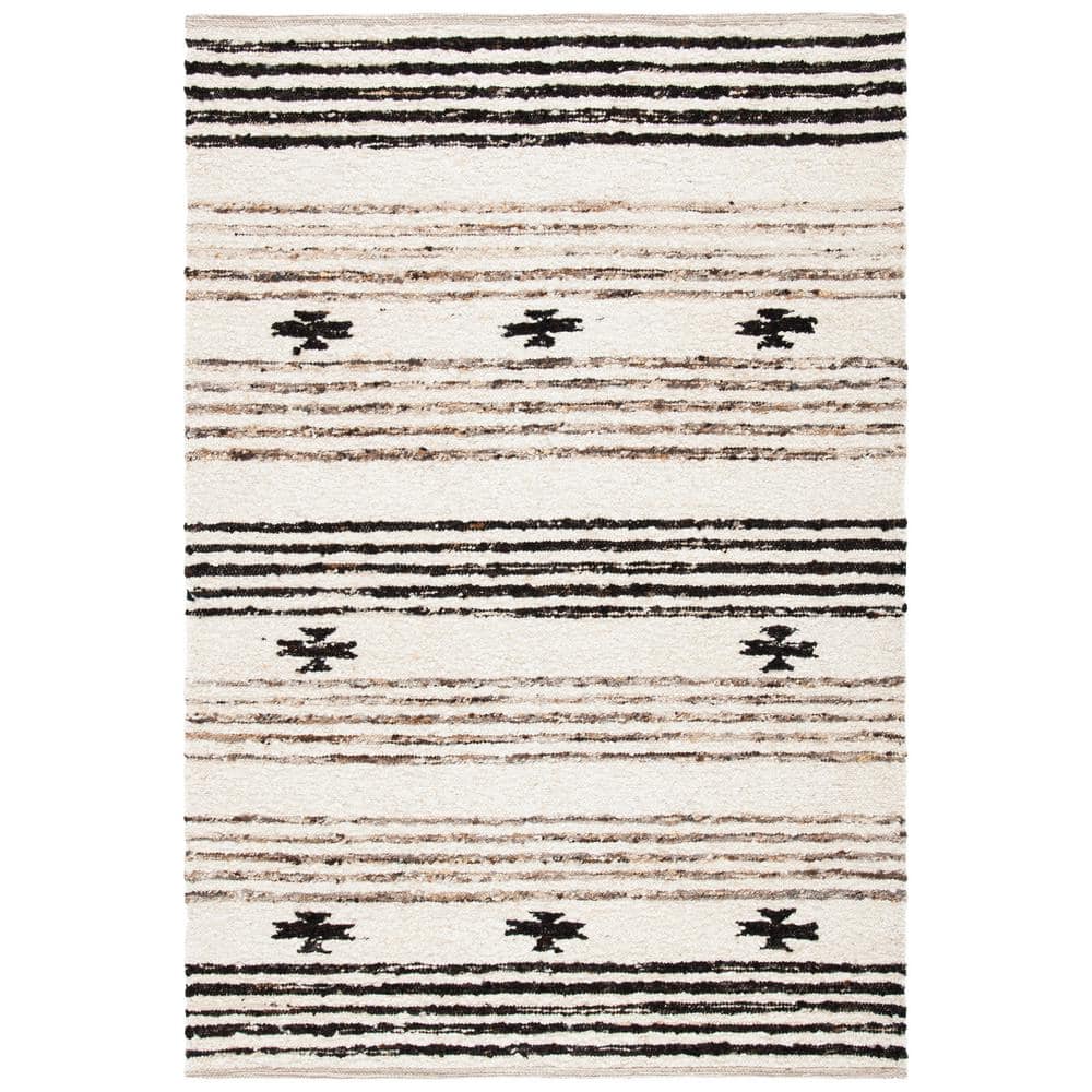 Handmade Black and Ivory Wool Cotton Striped Rug, 5' x 8'