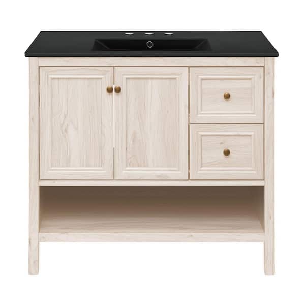 Swiss Madison Chateau 36" Freestanding Bathroom Vanity in White Oak with Black 3-Hole Widespread Ceramic Sink Top
