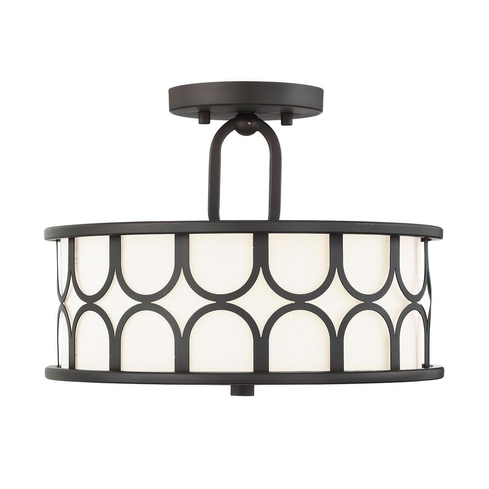 TUXEDO PARK LIGHTING 13 in. W x 10 in H 2-Light Oil Rubbed Bronze Semi-Flush Mount with White Fabric Shade and Geometric Metal Frame -  6-368478-ORB