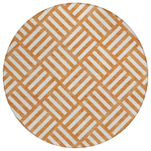Orange, Ivory 8 ft. Round Woven Geometric Polyester Round Indoor/Outdoor Area Rug