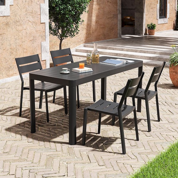 5-Piece Aluminum Rectangular Outdoor Dining Set with Extension Round Corner Table and Stackable Chairs, Black