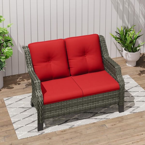 Brown Wicker Outdoor Loveseat Patio Sofa Deep Seating with Red Cushions