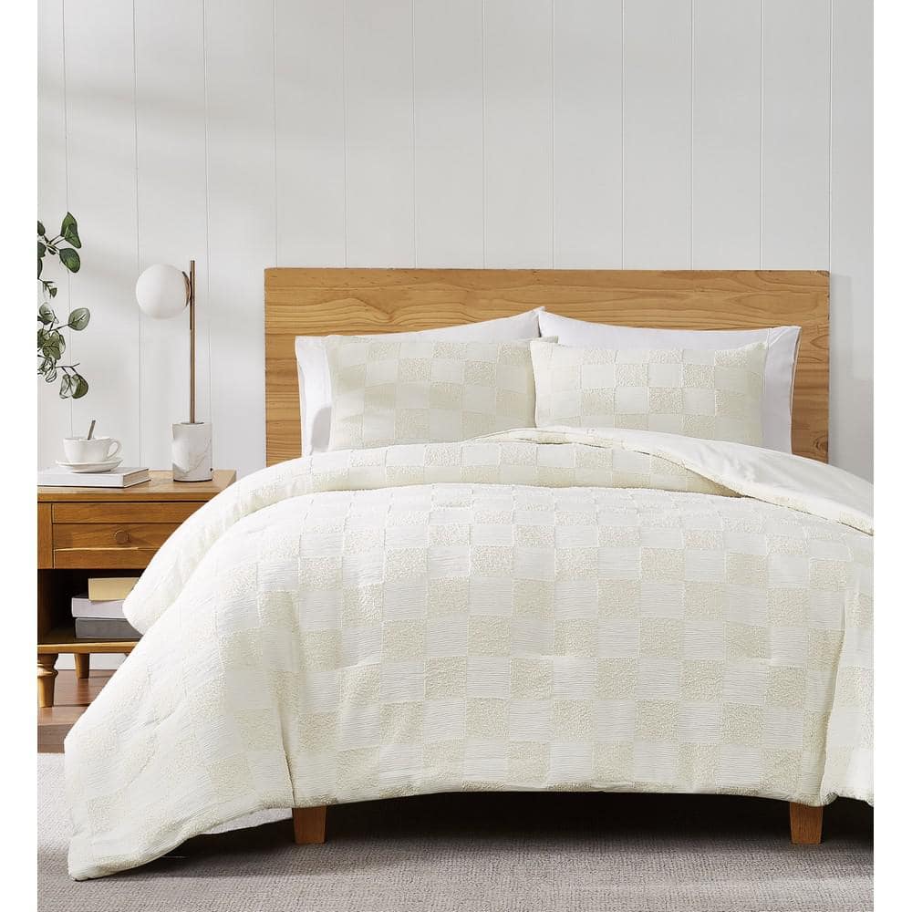 Cream Textured Checkered Queen Duvet Cover Set