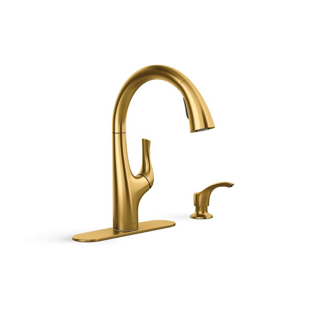 KOHLER Avi Single Handle Pull Out Sprayer Kitchen Faucet In Vibrant   Vibrant Brushed Moderne Brass Kohler Pull Out Kitchen Faucets K R27141 Sd 2mb 64 1000 