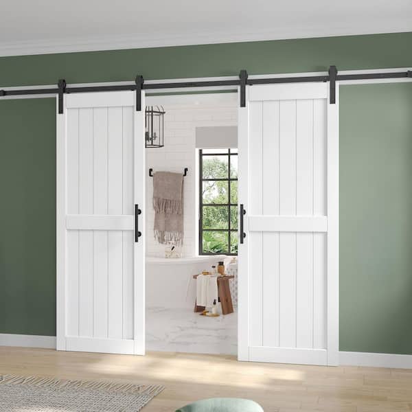64 in. x 84 in. (Double 32 in doors) White Paneled H Shape Solid MDF Sliding Barn Door with Hardware Kit